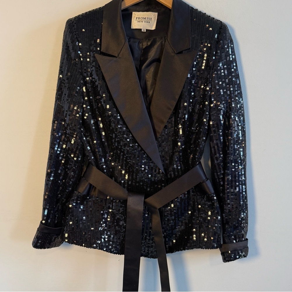 Promise Black Sequin Blazer with Satin Lapels and Tie, Size 10